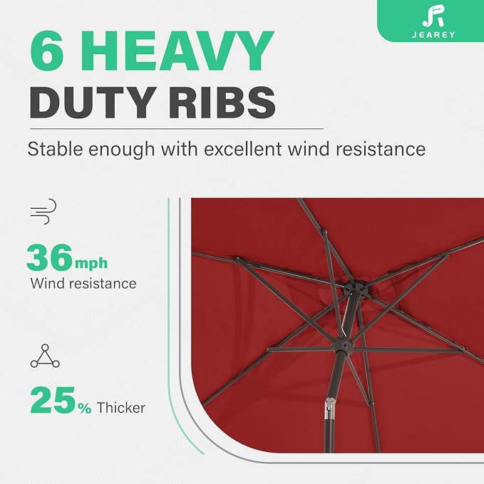 JEAREY 6.5x10 ft Rectangular Patio Umbrellas Rectangle Outdoor Umbrella with Push Button Tilt and Crank, Market Table Umbrella 6 Sturdy Ribs UV Protection for Poolside Garden Backyard Deck, Red