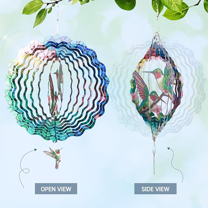 Hummingbird Wind Spinners Outdoor, IDEA SHOW 12In Mental Wind Spinners, 3D Kinetic Hanging Spinners Sculpture, Hummingbird Gift for Women Mom, Garden Decor Ornaments for Patio Yard Art