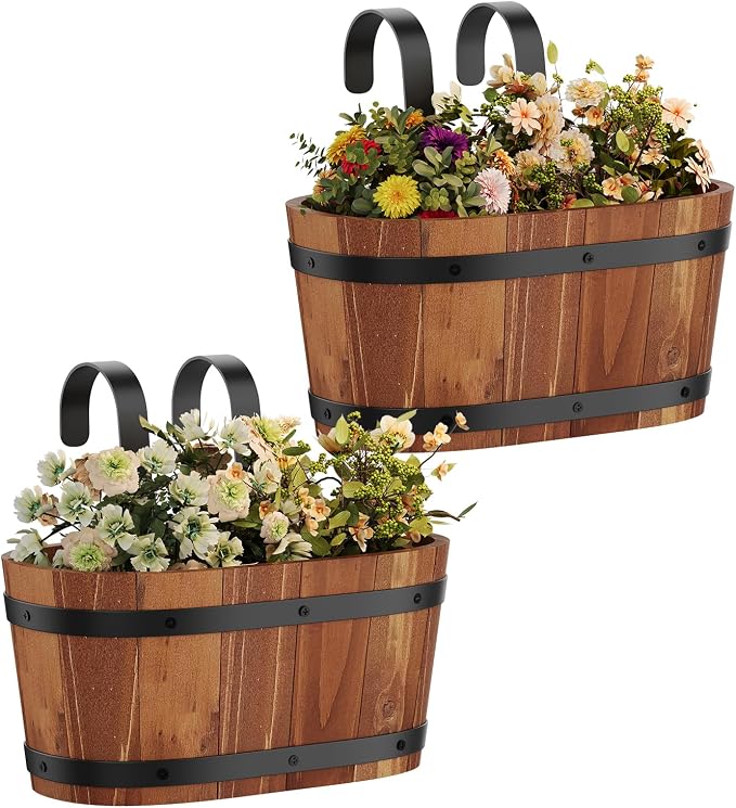 Railing Planters for Outdoor Plants Balcony Hanging Flower Pots with Detachable Hooks, Window Flower Box Hanging Bucket Pots Fence Planters for Garden Home Decor (Brown-2pack, Small)
