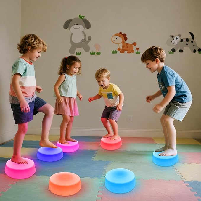Light Up Stepping Stones for Kids Ages 3+ – LED Balance Stepping Stones with Step Activated Lights for Sensory Play, Obstacle Course, Indoor Outdoor Active Play (4 Pack)