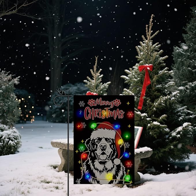 Christmas Dog Garden Flag - Led Saint Bernard Christmas Decor for Outside, Welcome Garden Flags Double-Sided Flag for Seasonal Winter Farmhouse Yard Lawn Decoration Gifts 12x18 inches