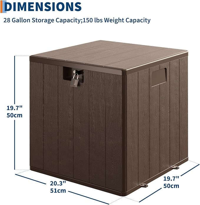 28 Gallon Outdoor Deck Box, Lockable Waterproof Outdoor Resin Box with Lid, Patio Storage Bin for Patio Furniture, Garden Tools, Pool Accessories - Brown