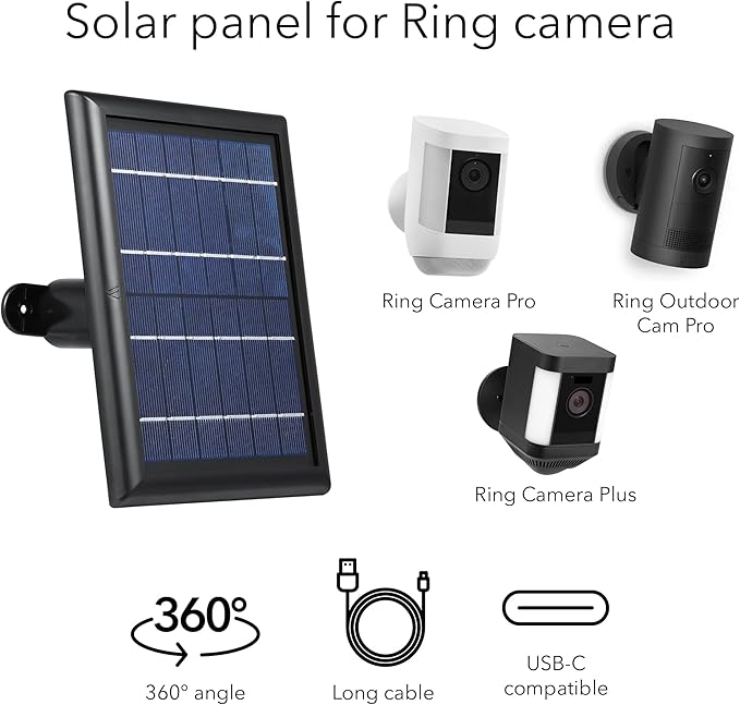 Wasserstein Solar Panel Compatible with Ring Spotlight Cam/Plus/Pro Battery, Stick Up Cam/Pro & Outdoor Cam Plus Battery - Continuous Power for Ring Surveillance Camera (2-Pack, Black)