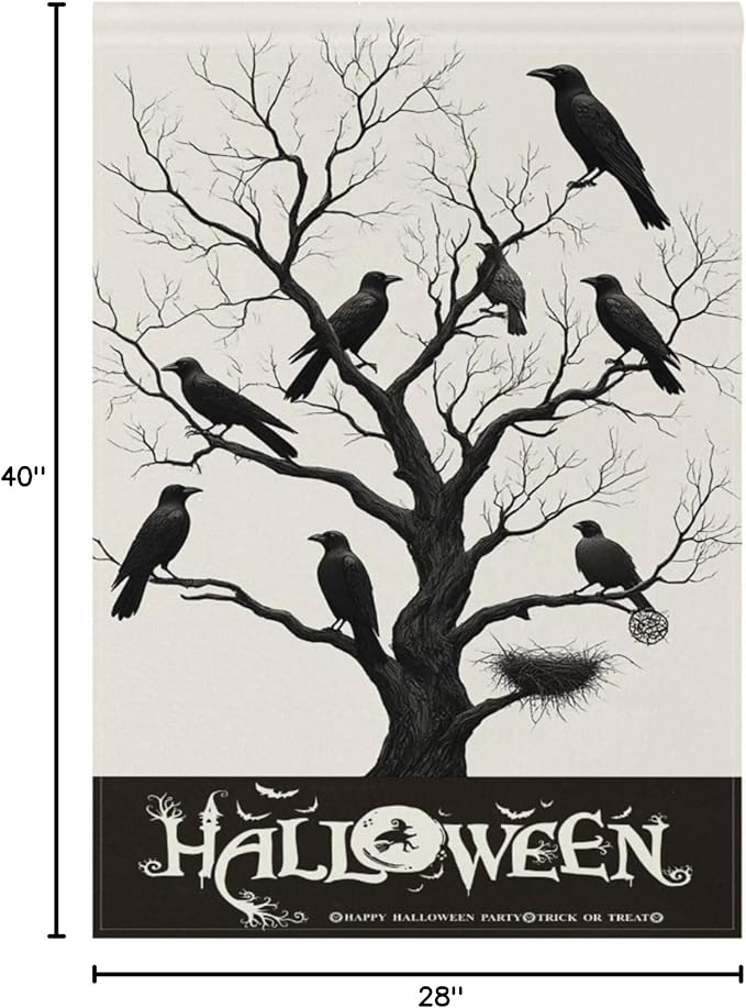Halloween Black Raven House Flag 28x40 Inch Double Sided Outside Witch Bat Spooky Seasonal Yard Outdoor Flag Banner for Garden Lawn Patio Holiday Decorations