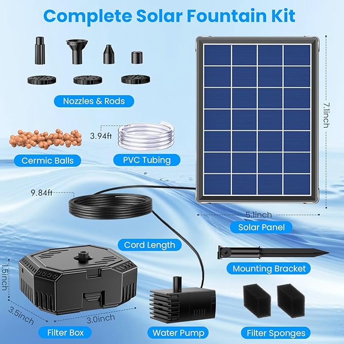 Antfraer 4W Solar Fountain Pump with Pond Filter, Solar Pond Filter Kit with 5 Nozzles & PVC Tubing, Solar Water Fountain for Outdoor Bird Bath, Small Ponds, Water Circulation & Oxygenation