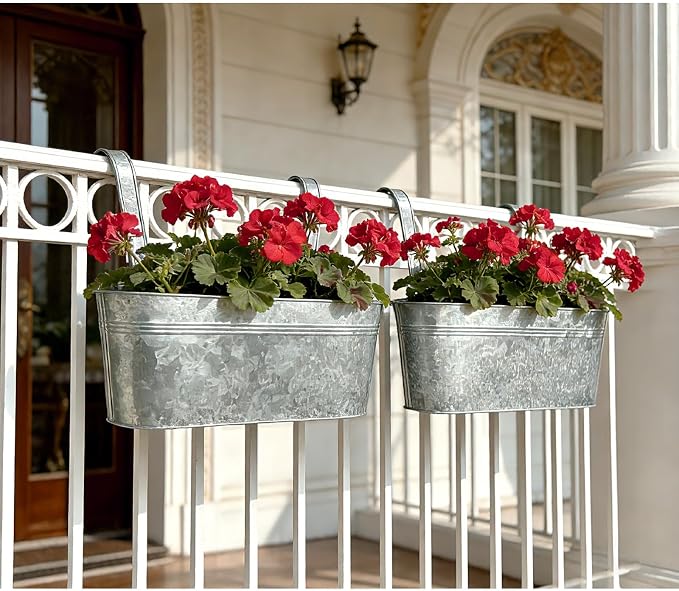 Balcony Galvanized Hanging Planters Railing Flower Pots, Outdoor Metal Fence Planter Pot with Detachable Hooks Drain Hole for Garden Patio Yard Decor (17 Inch, 6Pcs)