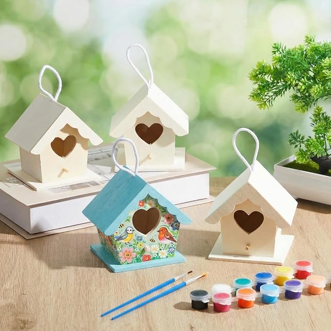 Joyfolk 20 Pcs 3.7" Wooden Heart Birdhouse Kits Valentines DIY Art Painting Bird House Craft Kit Unfinished Wood Bird Houses to Paint with Paints Brushes Gift for Garden Yard Projects Decor Gifts