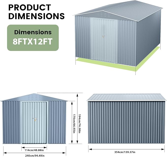 8x12 FT Outdoor Metal Storage Shed, Large Storage Sheds with Sturdy Frame Structure, Metal Garden Tool Shed with Lockable Door for Garden, Lawn, Backyard, Gray