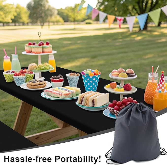Smiry Picnic Table Cover with Bench Covers, Waterproof Elastic Fitted Polyester Tablecloths for 5 Ft Rectangle Tables, Washable Windproof Tablecloth for Camping, RV & Outdoor (Black, 30x60 Inches)