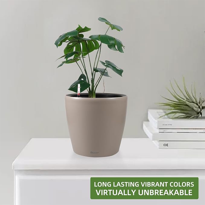 Dexceder 9x8 Self Watering Planter (Taupe Matte) | Inner Pot Design, Thickened Table Flower Plant Pot with Water Level Indicator Indoor Outdoor