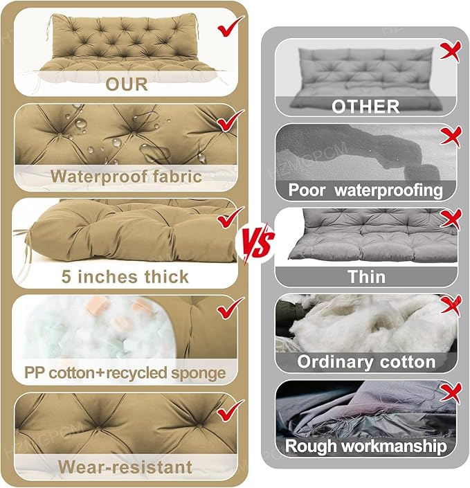 Premium 5" Thick Waterproof Outdoor Swing Cushions Sturdy Durable 2-3 Seat Replacement Porch Swing Cushions with Backrest&Ties Bench Cushion for Outdoor Furniture Backyard Patio(Khaki 48x40)