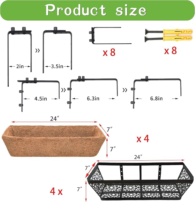 EIMQUVW 4 Pack 24" Railing Planter Window Box Deck Balcony Rail Planter Black Metal Flower Basket Horse Trough Planter with Coco Fiber Liner for Porch Fence Patio Outdoor