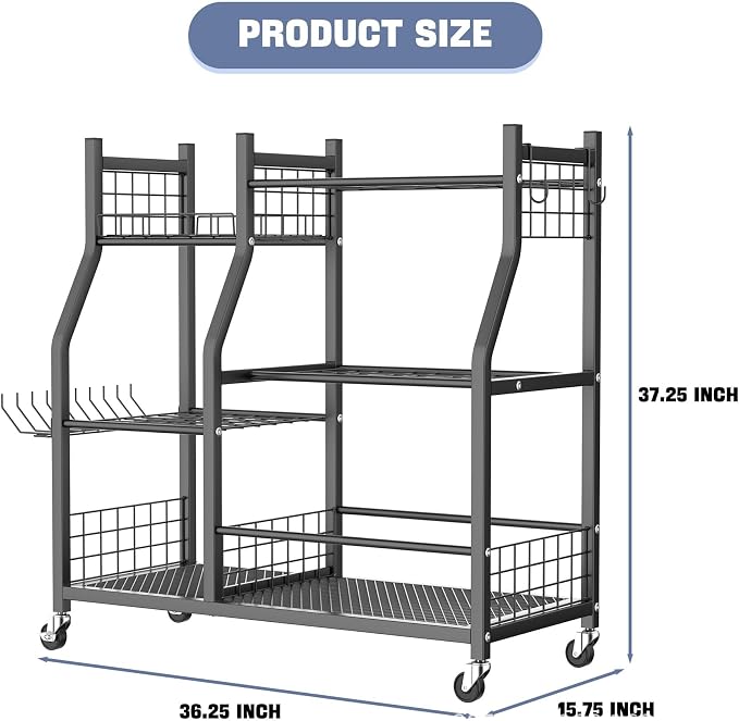 Extra Large Garden Tool Organizer Rack with Wheels, 3x2 Heavy Duty Garage Storage Stand Holds 60+ Tools, Black