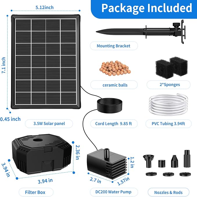 NFESOLAR 4W Solar Fountain Pump for Bird Bath, Solar Powered Water Fountain with Filter Box, Ceramic Ball Filtration, 5 Nozzles, 3.94FT PVC Tubing for Birdbath, Garden, Small Pond & DIY Water Features