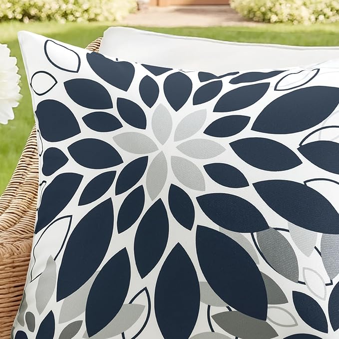 Floral Outdoor Pillow Covers Waterproof Spring Throw Pillow Cases Black Grey 18x18 Inch Set of 2 Decorative Summer Cushion Covers for Patio Furniture Garden Bench Porch Sofa