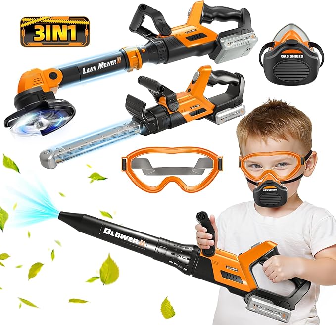 Kids Tool Set, 3 in 1 Kids Power Garden Tools with Sounds & Lights, Toy Weed Wacker, Toy Leaf Blower and Hedge Trimmer, Outdoor Toys, Toy Tools, Christmas Birthday Gifts for Boys 3 4 5 6 7 8 Year Old