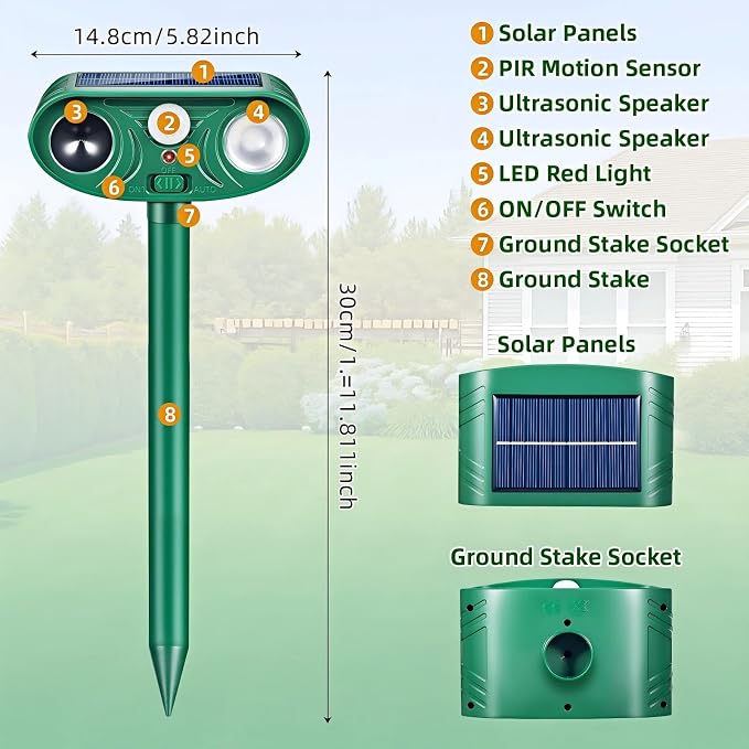 2 Pack Sonic Fortress Pro Deer Repellent Solar Animal Repeller Outdoor, Cats Deterrent Ultrasonic Animal Deterrent with Flashing Light, Deer Rabbit Squirrel Raccoon Fox Cat Repellent for Garden