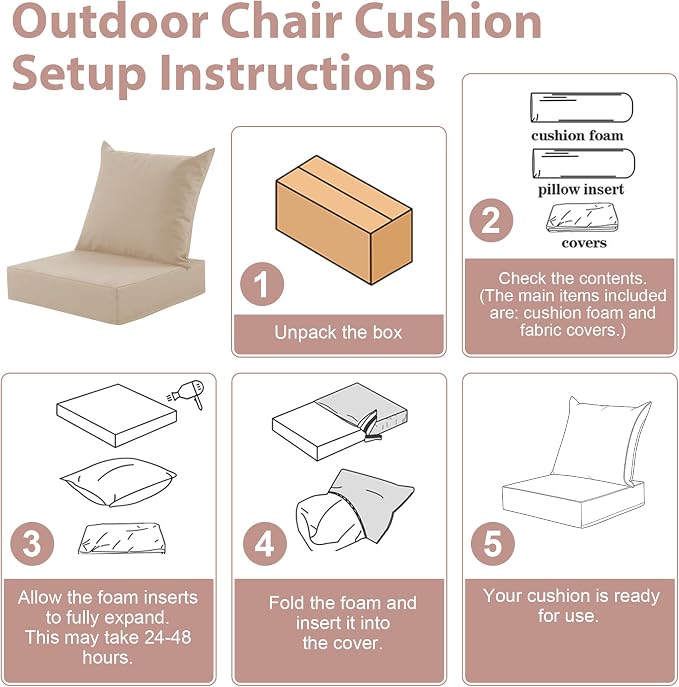 Outdoor Deep Seat Cushion Set, 24x24 Inch Water-Resistant & Fade-Resistant Outdoor Chair Cushions, Patio Furniture Cushions with Removable Cover for Patio Chair, Sofa, Beige (Set of 6)