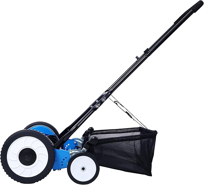 KEIKI 20-Inch Manual Lawn Mower, Push Reel Mowers w/Grass Catcher & Adjustable Cutting Height, 4-Wheels Small Lawnmower with 5 Steel Blades for Graden, Spaces Saving & Easy Assembly, Green