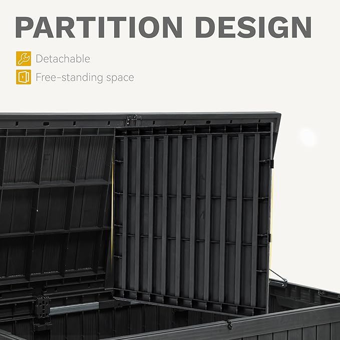 DWVO 180 Gallon XL Deck Box with Divider & Lockable Lid, Waterproof Resin Outdoor Storage for Patio, Garden, Poolside, Cushions, Supplies & Sports Gear, Black