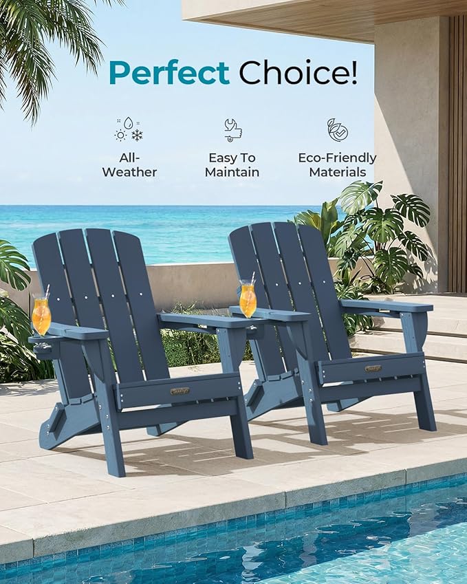 Folding Adirondack Chair 1 Pack, HDPE All-Weather Fire Pit Chairs, Plastic Adirondack Chairs with 2 Cup Holder, Outdoor Lawn Chair for Patio Garden (New Blue)