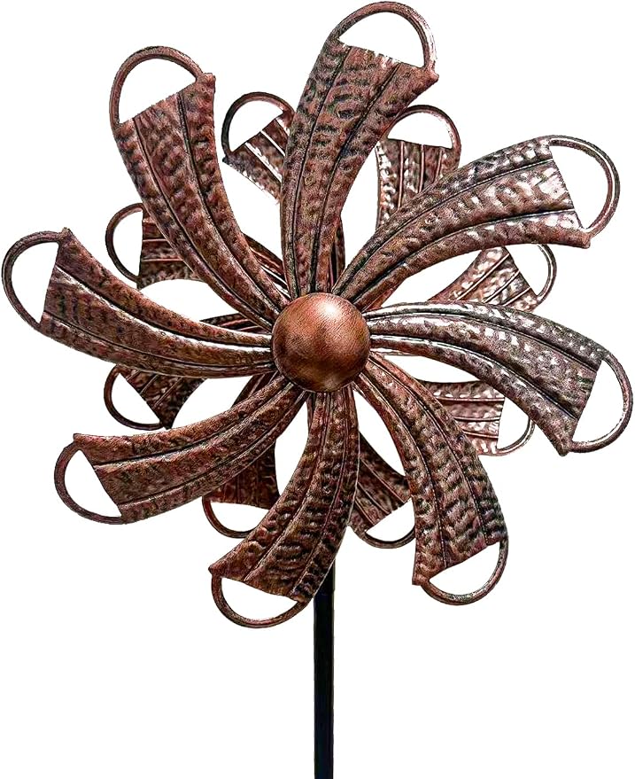 Wind Spinners Outdoor, Copper Flower Double-Sided 360° Wind Spinner with Stake, Metal Garden Yard Decor (12.3" Dia x 54" H)