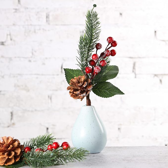 Boao 12 Pcs 11'' Large Christmas Pine Picks Tree Decoration Red Berry Picks and Sprays with Cone Artificial Fake Branches Snowy Floral Flower Holly Pine for Tree Crafts Decor Faux Stem