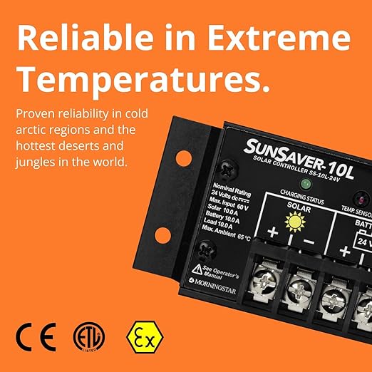 Morningstar SunSaver 10A PWM Solar Charge Controller (SS-10L-24V) - Solar Panel Regulator for 24V Batteries, Four Stage Battery Charging, LVD, HazLoc Rated, Low Noise, 5 Year WTY - Designed in the USA