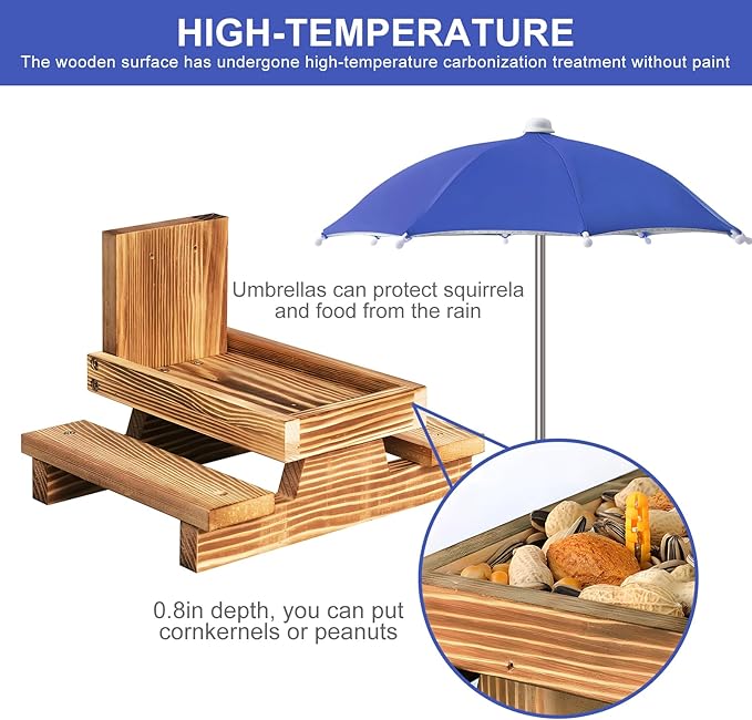 Gnodary Squirrel Feeder with Umbrella, Squirrel Feeders for Outside, Squirrel Picnic Table Feeder - Chipmunk Feeder Hold Corn, Corn Cob, Peanuts Style2 (Blue)