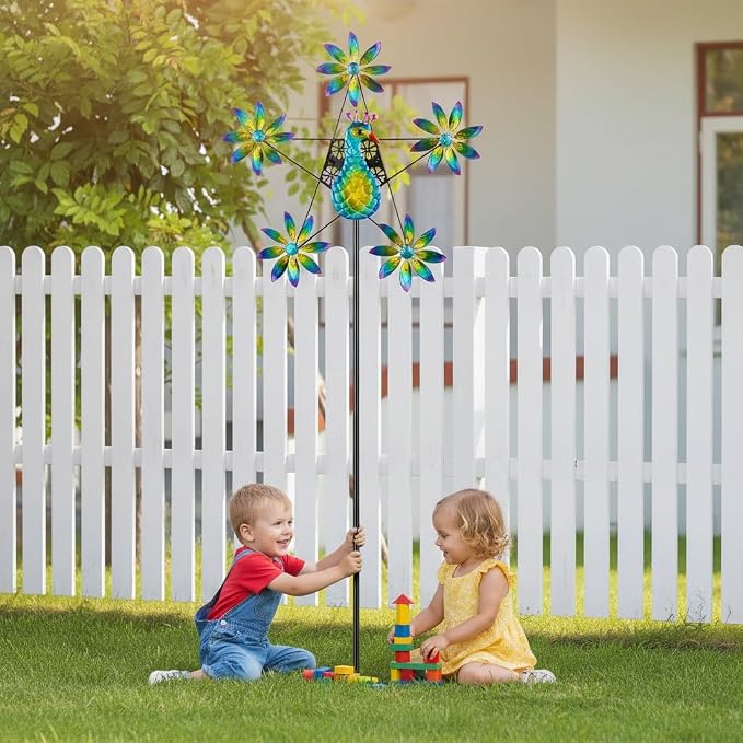 Peacock Wind Spinner with Colorful Flowers, 24.4" D*74" H Large Garden Wind Sculpture, Metal Peacock Decor Kinetic Sculpture for Garden Yard Patio