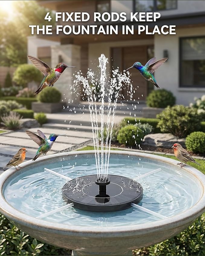 Solar Bird Bath Fountains, 2026 Upgraded 1.4W Solar Fountain Pump with 7 Nozzles, Free Standing Floating Solar Powered Water Pump Fountain for Bird Bath, Garden, Pond, Pool, Outdoor (6.3in)