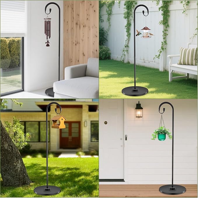 34-63" Adjustable Shepherd Hook Stand with Round Base Stand for Bird Feeders, Lanterns, Wind Chimes, Indoor and Outdoor Use on Patio, Yard or Porch