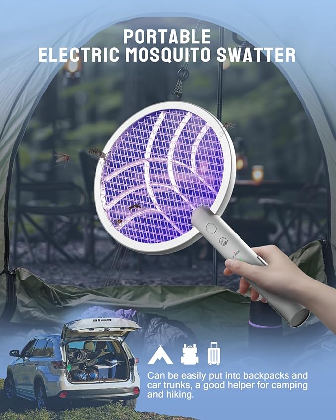 Mosiller Electric Fly Swatter Racket, 4000V Bug Zapper with 1800mah Rechargeable Battery & Dual Modes, 2 in 1 Purple Mosquito Light Killer with 3-Layer Safety Mesh for Indoor Home Patio Camp(2 Pack)