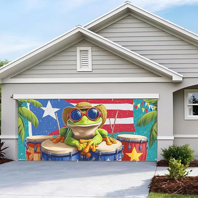 6 * 13FT Summer Puerto Rico Garage Door Cover Decorations Sunset Palm Trees Garage Door Banner for Outdoor Indoor Summer Party Photography Backdrop