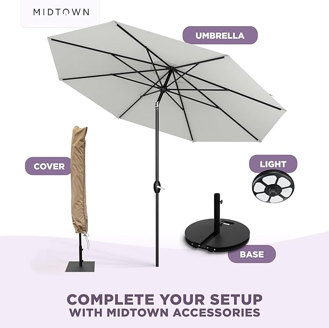 Midtown Umbrellas - 10-Year-No-Fade 10 Ft Patio Umbrella with Terylast Fabric, Auto-Tilt Aluminum Frame and 8 Reinforced Ribs for Deck, Pool, Garden & Beach - Off White Canopy, Black Pole