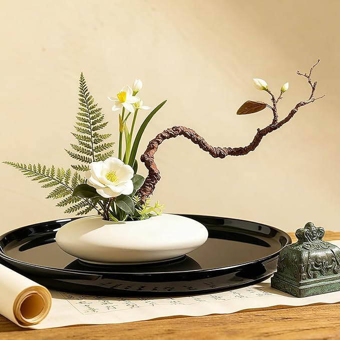 Japanese Inspired Ceramic Vase Ikebana kit, Pebble Shaped Flower Arrangement Bowl with 2inch Flower Frog Pin Frog Flower Stems Holder (White)
