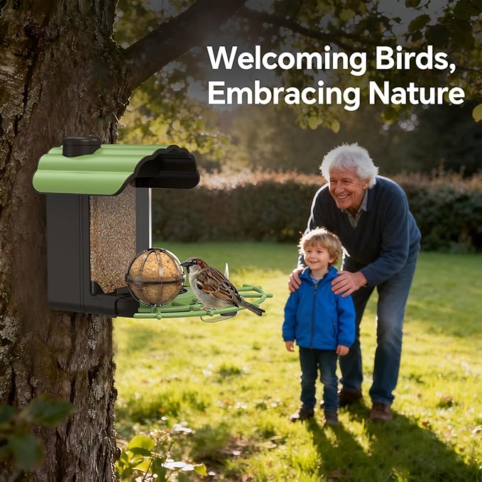 Wild Bird Feeders for Outdoors: Humming Bird Feeder with 4 in 1 Food Tray, 2L Large Capacity, Easy Mount, Suitable for Finch, Cardinal, Safflower and Other Birds, Gift for Birdlovers - Green