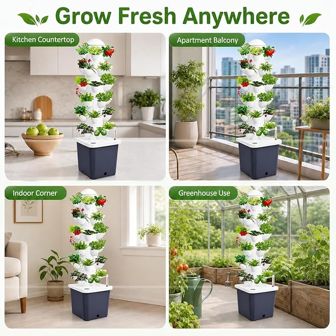 Vertical Hydroponic Tower Garden - 6 Tier Hydroponics Growing System Kit with 30 Pods, Water Tank & Pump, Aeroponic Tower for Herbs, Lettuce, Vegetables & Strawberries, Indoor Outdoor, Gray