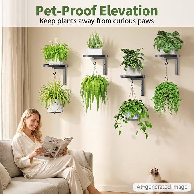 LASZOLA Plant Hangers Shelves Wall Mounted Indoor with Grow Lights, Metal Window Plant Holders, 4Pcs Modern Floating Flower Display Stand with 4 Hooks for Outdoor Kitchen Bathroom Decor, Black