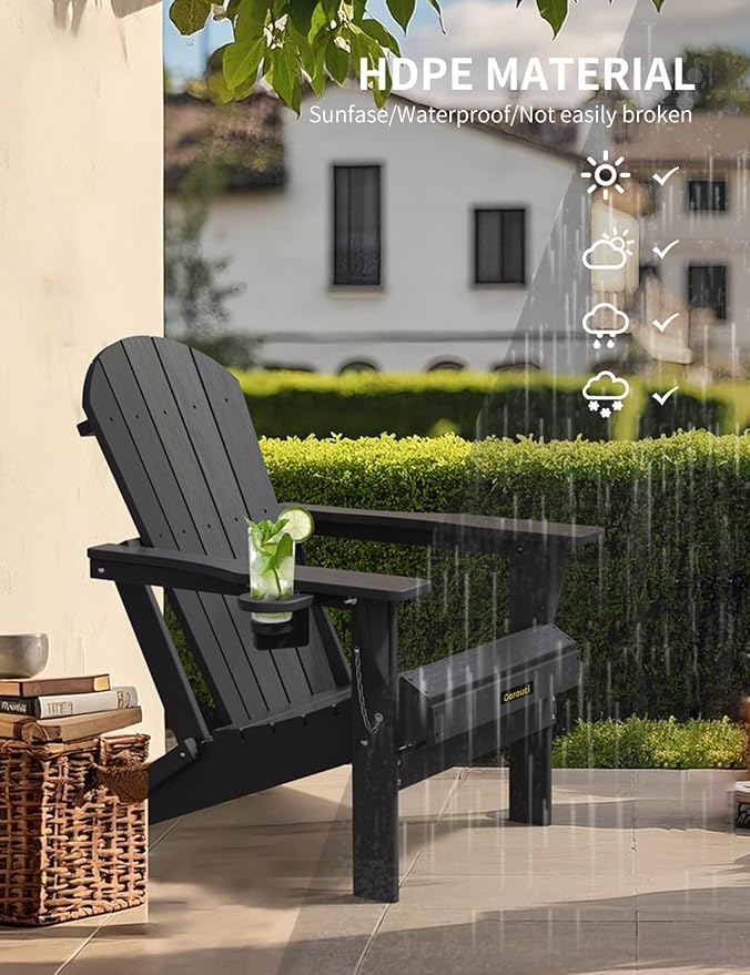 Plastic HDPE Adirondack Chair,Set of 4,Folding Adirondack Chair Weather Resistant with Cup Holder, Wooden Textured Fire Pit Outdoor Chair for Garden, Porch, Lawn, Backyard, Supports 380LBS, Black