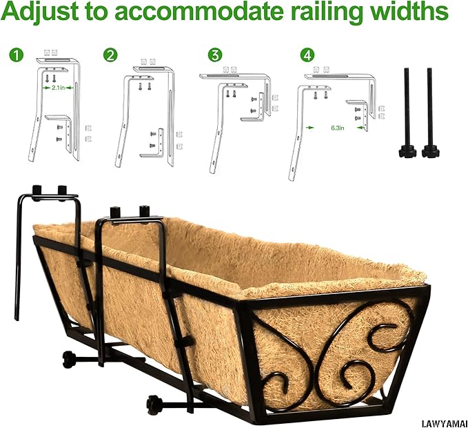 24 Inch Railing Planter Box 2 Pack, Adjustable Window Metal Box Planter with Coco Liner, Hanging Flower Planter for Balcony Deck Fence Porch Patio, Black
