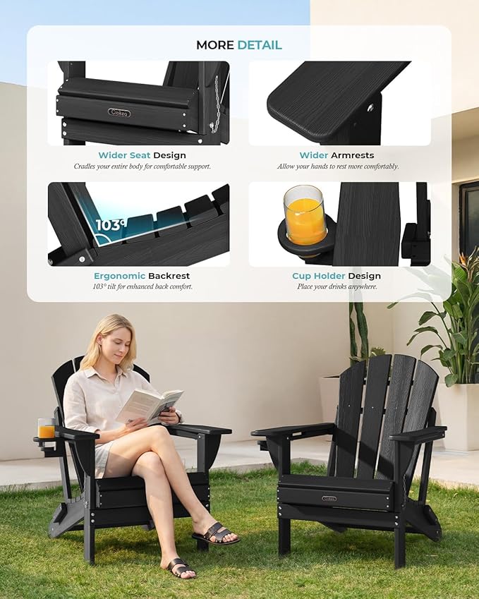 Ciokea Folding Adirondack Chair Wood Texture for Patio, Weather Resistant, Plastic Fire Pit Chair with Cup Holder, Lawn Chair for Outdoor Porch Garden Backyard Deck (Black)