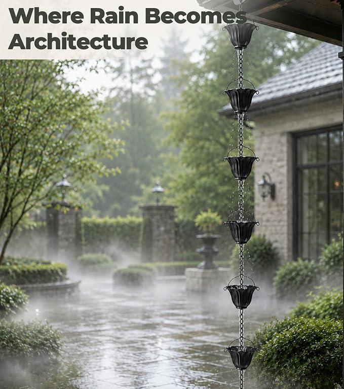 Black Rain Chain for Gutters, 12 Cup Tulip Decorative Water Feature, 8FT 8IN Adjustable Metal Chain Rain Diverter for Modern Outdoor Garden Décor with Crystal Accent