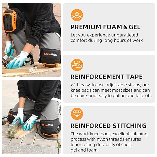 GRENPRO Professional Knee Pads for Work,Heavy Duty Thick Foam Knee Pads Tools,Knee Pad with Soft Gel Cushion for Construction,Work,Flooring,Gardening,Cleaning,Tiling,Orange