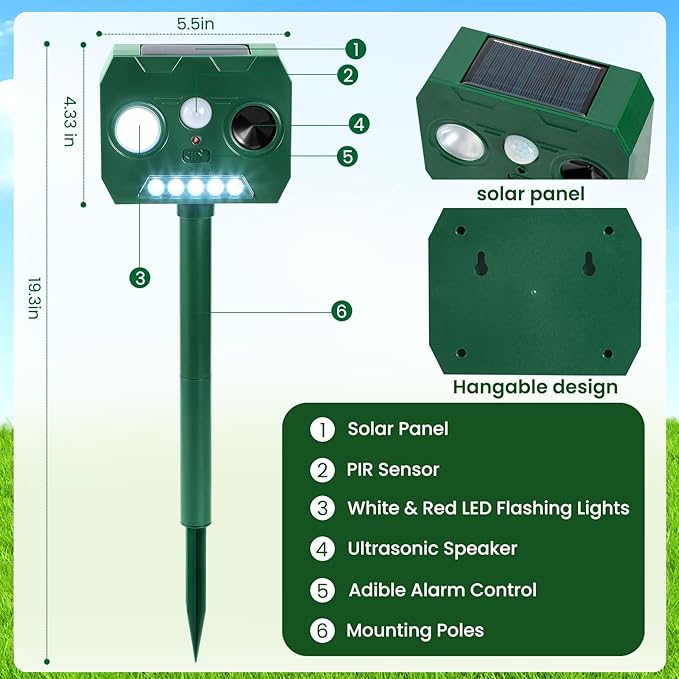 Solar Ultrasonic Animal Repellent Outdoor, 2 Pack Cat Squirrel Raccoon Bird Dog Deer Repellent Devices with PIR Motion Sensor & LED Flash, Waterproof Animal Deterrent for Garden Yard Farm
