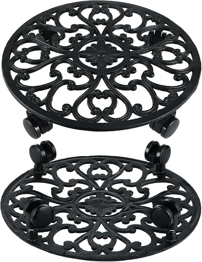 2 Packs 14 Inch Rolling Plant Stand with Wheels Metal Plant Caddy with Wheels Heavy Duty Round Plant Stand Indoor Iron Plants Rollers for Plants, Plant Dolly Planter Caddies