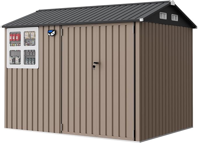 6x8FT Metal Storage Shed with Sloped Roof, Lockable Doors, Solar Light, Windows, and Vents, Outdoor Storage Sheds for Garden, Backyard, Patio Tools and Equipment