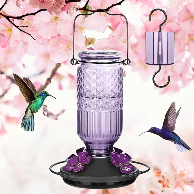 FEED GARDEN Glass Hummingbird Feeder 16 oz Hanging Outdoor Feeder with Bee-Proof Ports, Ant Moat, Leakproof, Easy to Clean & Refill, 360° Perch, Purple