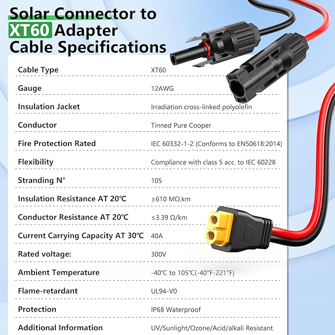 Vansdon 12AWG XT60 Solar Cable, Solar Connector to XT60 Charging Adapter 3 10 15 20 25 40 50FT, for RV Portable Power Station- 40Ft
