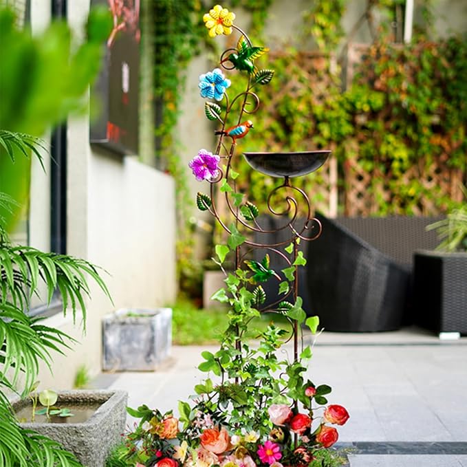 YYWMWM 57" Height Metal Bird Bath with Trellis for Outdoor, Vintage Decorative Bird Baths, Small Garden Plant Support, Antique BirdBath for Climbing Plants with Detachable Iron Bowl (Hummingbird)